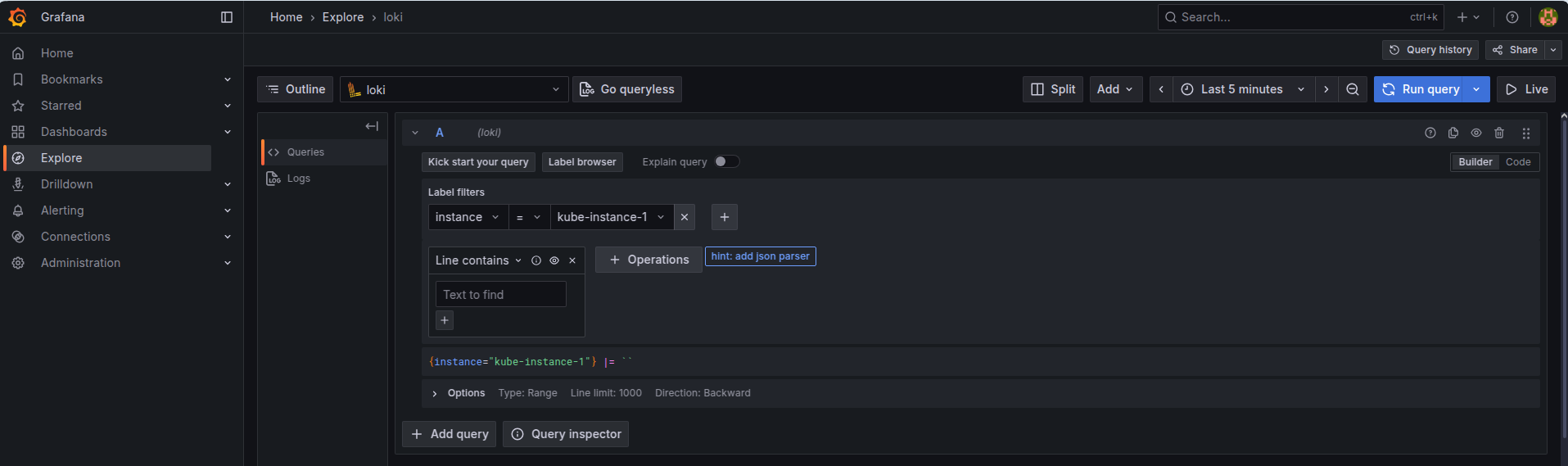 Grafana Explore view connected to Loki