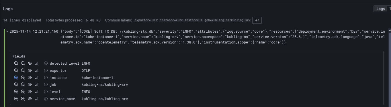 Details and resource attributes for a Kubling log entry in Grafana