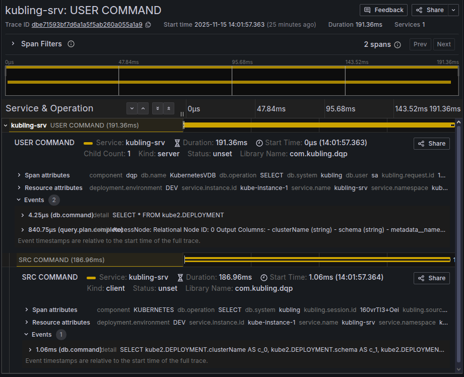 Parent USER COMMAND span and child SRC COMMAND span in Grafana Tempo