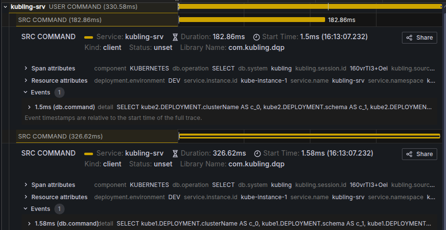 Parallel source command spans revealing the slowest Kubernetes source